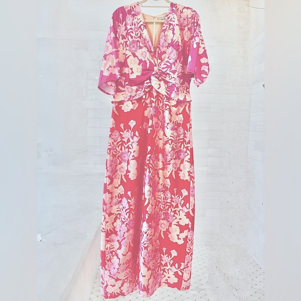 Pink & Red Floral Maxi Dress - Elegant Knot Front